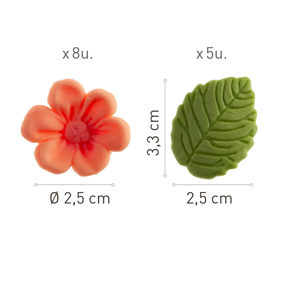 Sockerdekorationer Rosa blommor med blad 13-pack