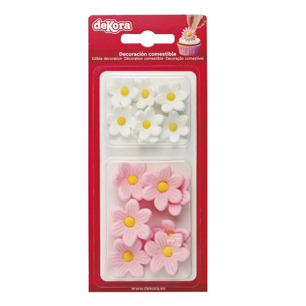 Sockerdekorationer Rosa/Vita Blommor 14-pack