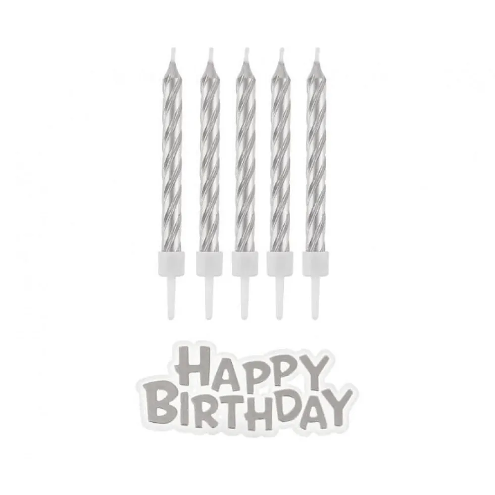 Tårtljus Silver 16-pack med Happy Birthday skylt